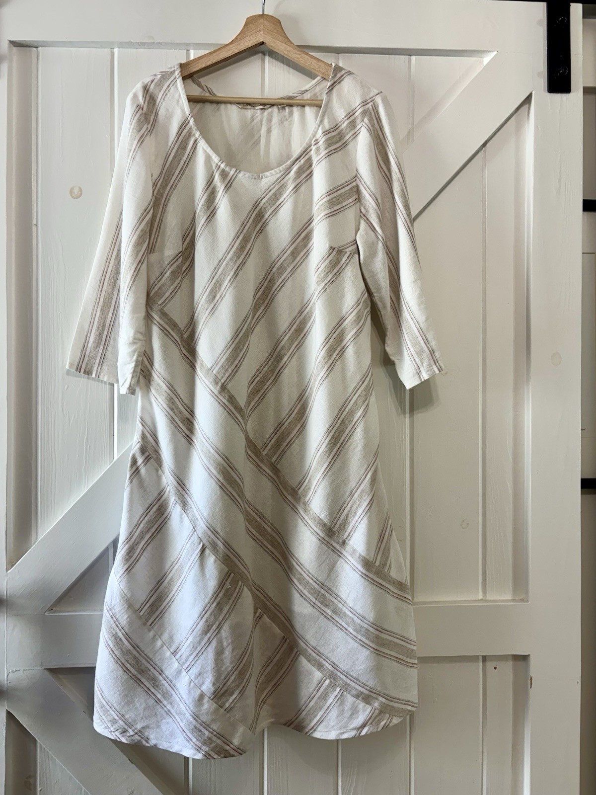 Soft Surroundings Cream Tan Red Striped Linen Blend Scoop Neck Tunic Dress L