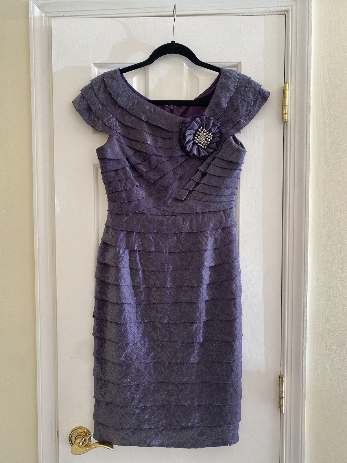 London Times Tiered Cocktail Dress Sz 6 Eggplant NWOT Rhinestone Adornment