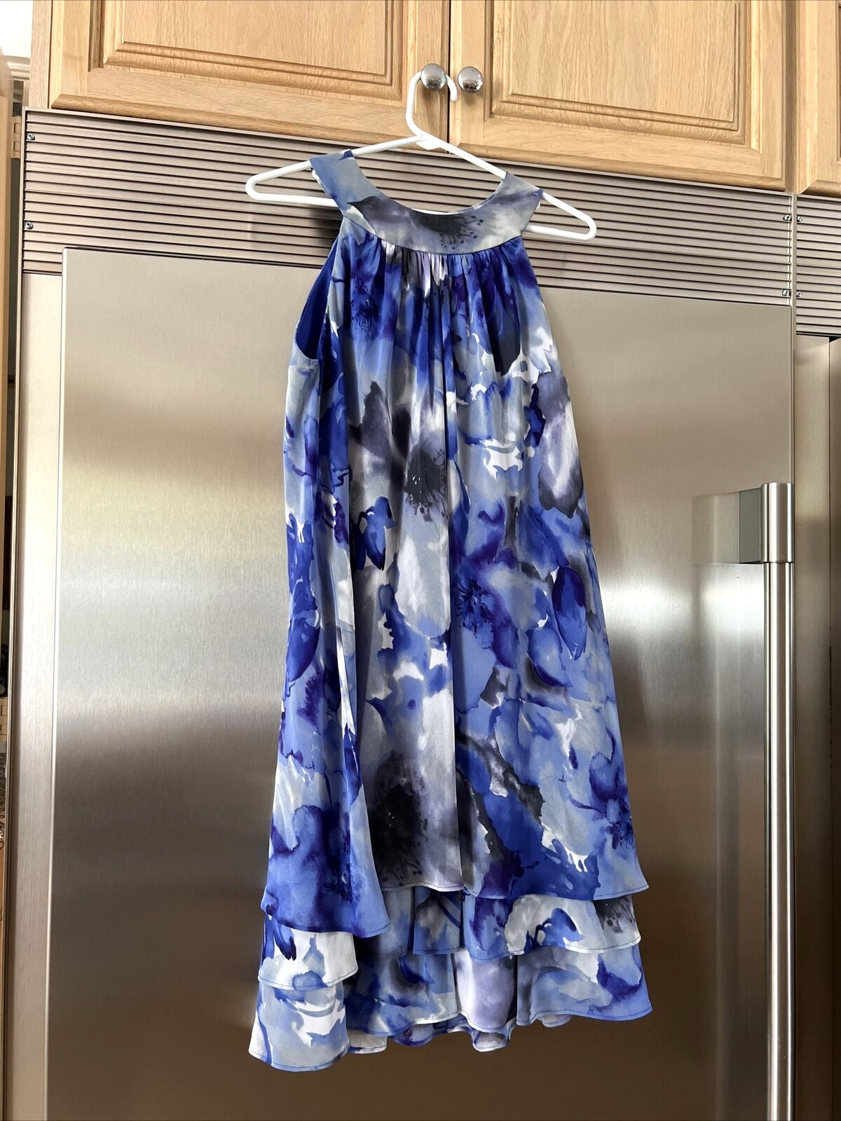 S L FASHION DRESS SWING STYLE W/ Grecian NECKLINE SZ 8 INDIGO – BLUE- LAVENDER