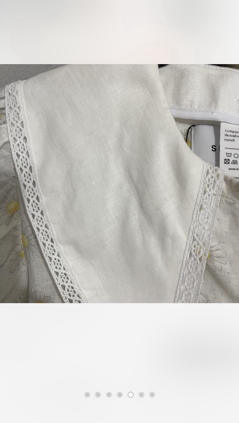 Sleeper Daisy Print White/Cream Button Down Collared Linen Dress size L.