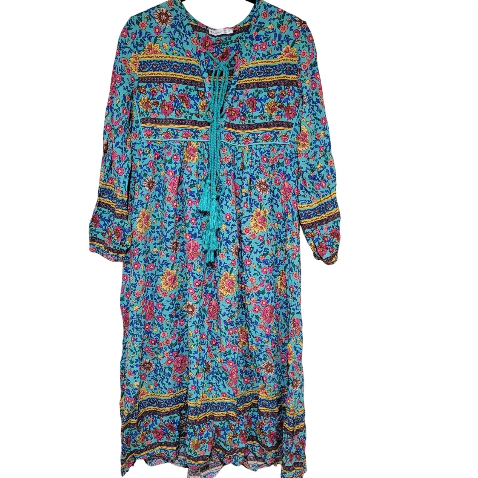 R Vivimos Turquoise Prarie Floral Print Maxi Dress boho Hippie Cottagecore Sz S