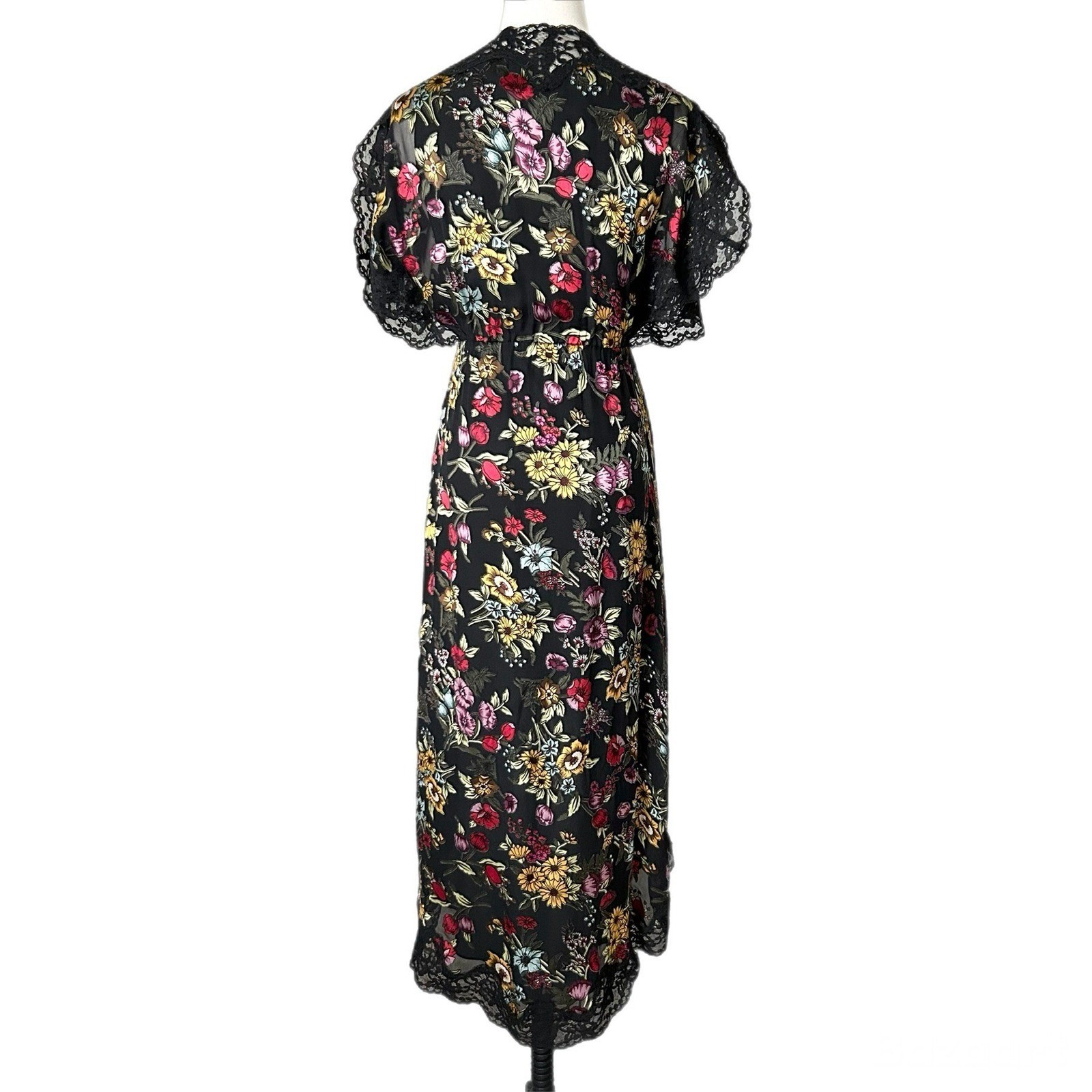 Alice + Olivia Adele Black Floral Silk Blend Lace Trim Midi Wrap Dress Size 2
