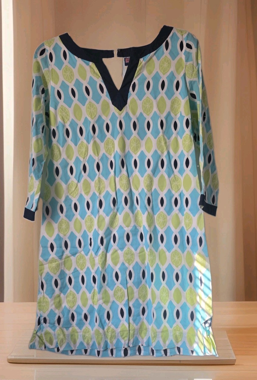 Vineyard Vines Shift Dress V-Neck Geometric Cotton Lined Zip, 3/4, Size 6
