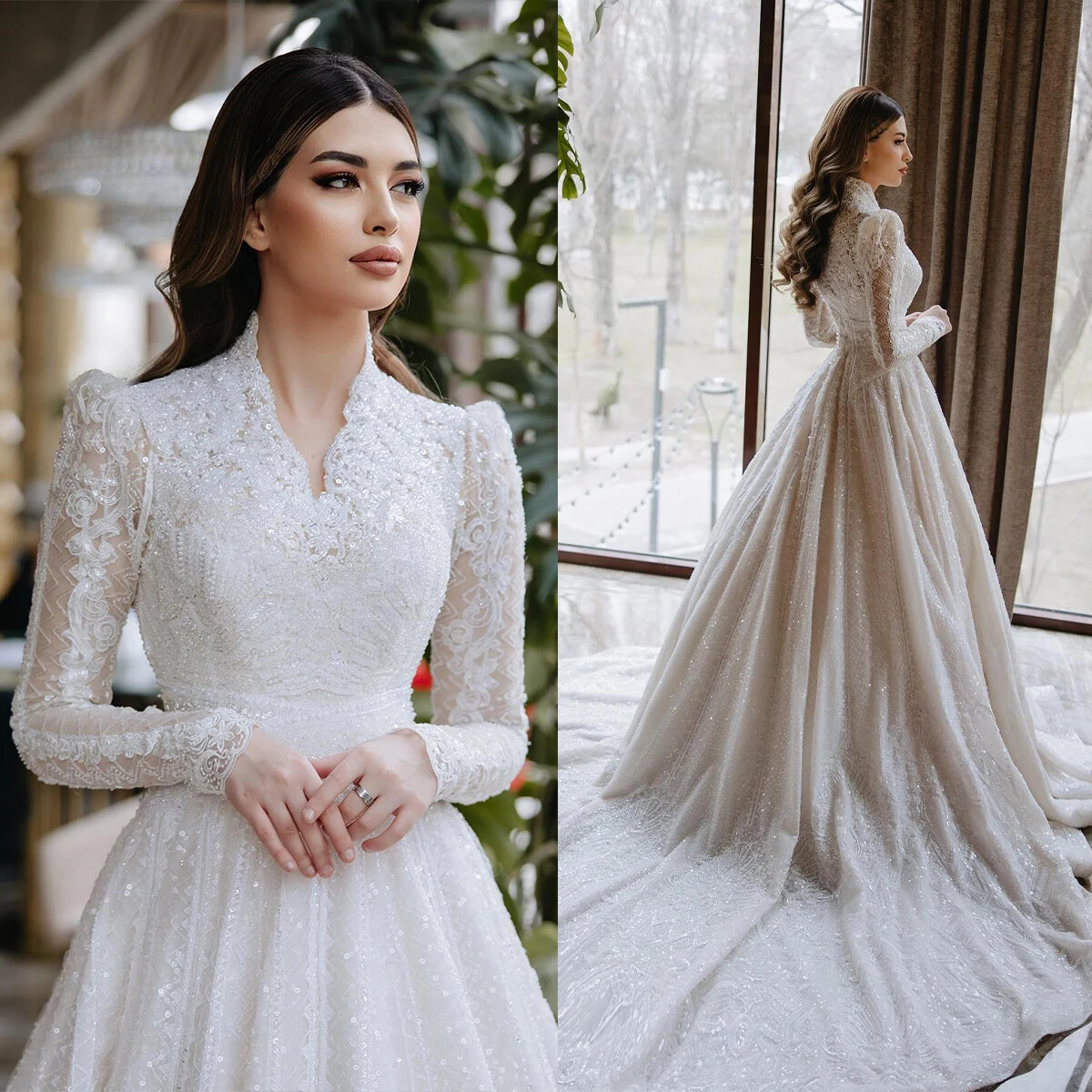 Luxury Beaded Sequins Evening Dresses Lace A-Line Sweep Train Gowns Party Gowns
