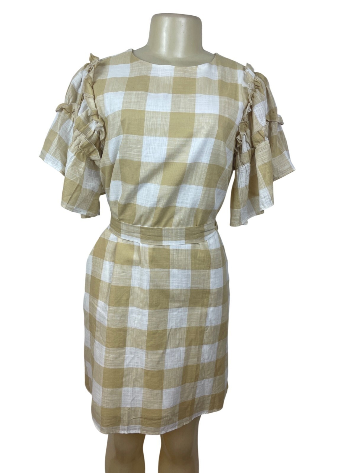Who What Wear Yellow & White Gingham Ruffle Sleeve Dress With Waist Tie Size S