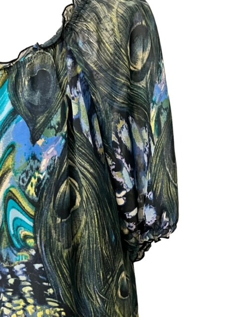 Belle Du Jour Mini Shift Dress M PEACOCK Feathers Ruffles BOHO Lined SUPER CUTE!