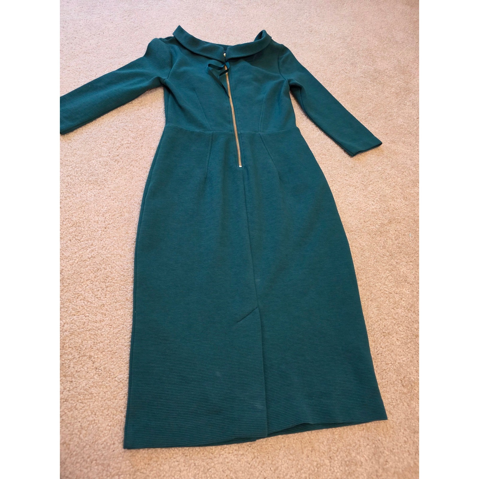 Boden Textured Teal Green Portrait Collar Midi Sheath Dress Gold Back Zip 3/4 Sl