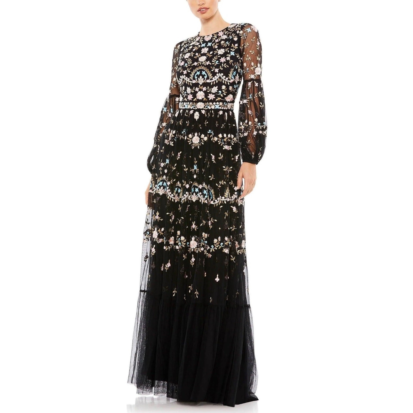 Mac Duggal 35111 Black Evening Gown Floral Embroidered Long Sleeve Dress Size 8