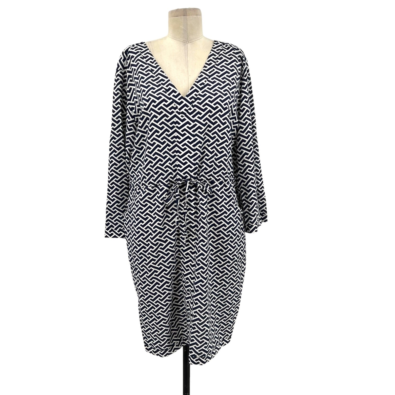 Peter Millar Navy Blue White Geometric Print Stripe Drawstring Dress Size XL
