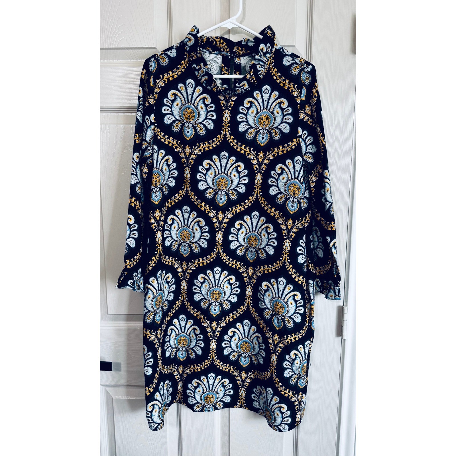 Boho Chic Shift Dress Size M Blue Gold Damask Medallion Ruffle Neck Regal Glam