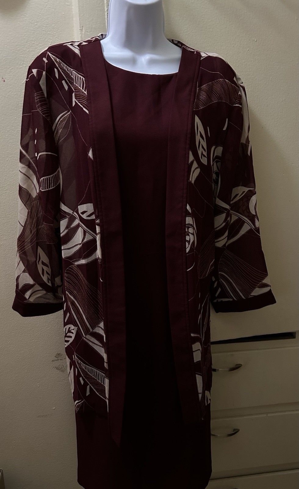 Women’s two-piece set: burgundy dress with a sheer printed jacket, size XL.