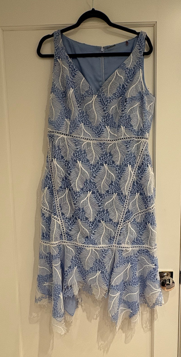 Elie Tahari Blue White Leaf Lace Sheath Dress Women’s US 14 Sleeveless