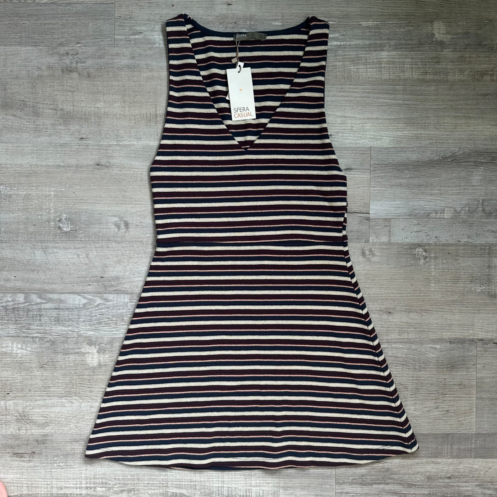 Sfera Casual Striped Mini Dress with V Neck Line M