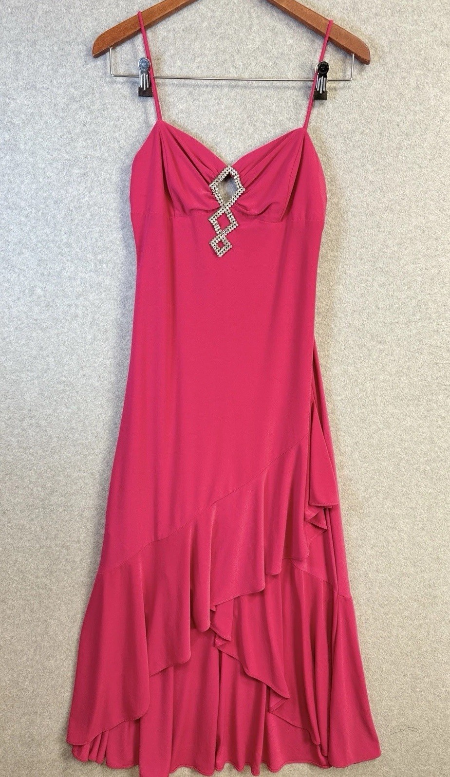 VTG Fiesta M Hot Pink Rhinestone Ruffle Hem Dress Asymmetrical Y2K