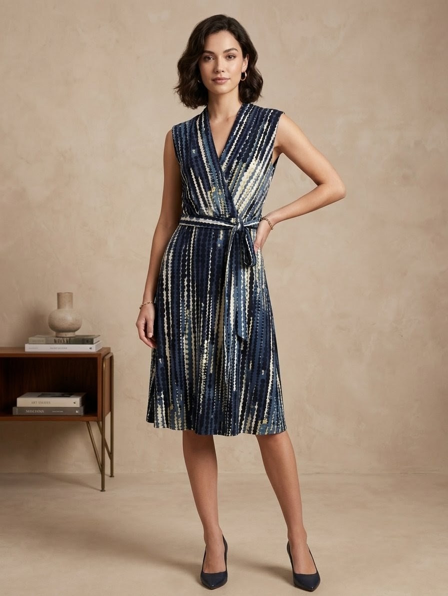 Alfani woman size medium blue black crossover slight crinkle mesh Tie dress A1