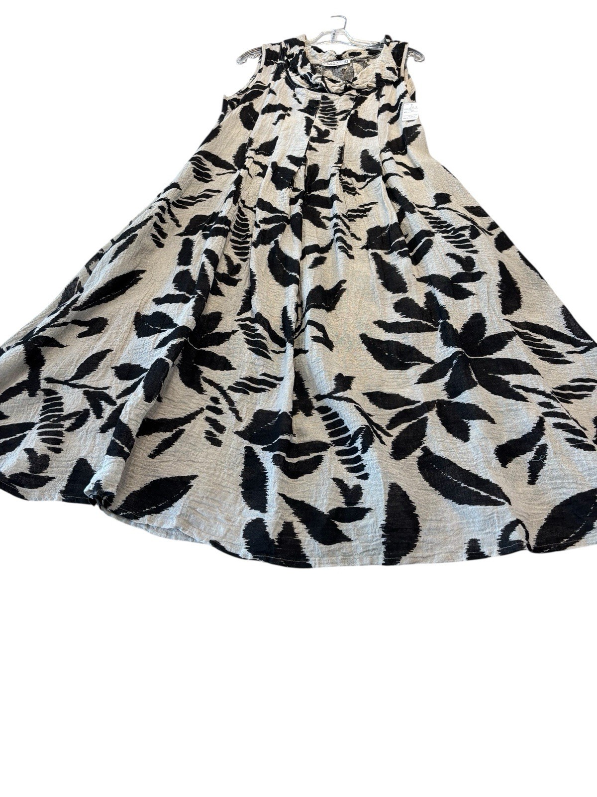 Luukaa Linen Blend Sleeveless Dress Lagenlook Cowl Neck Beige Black Abstract