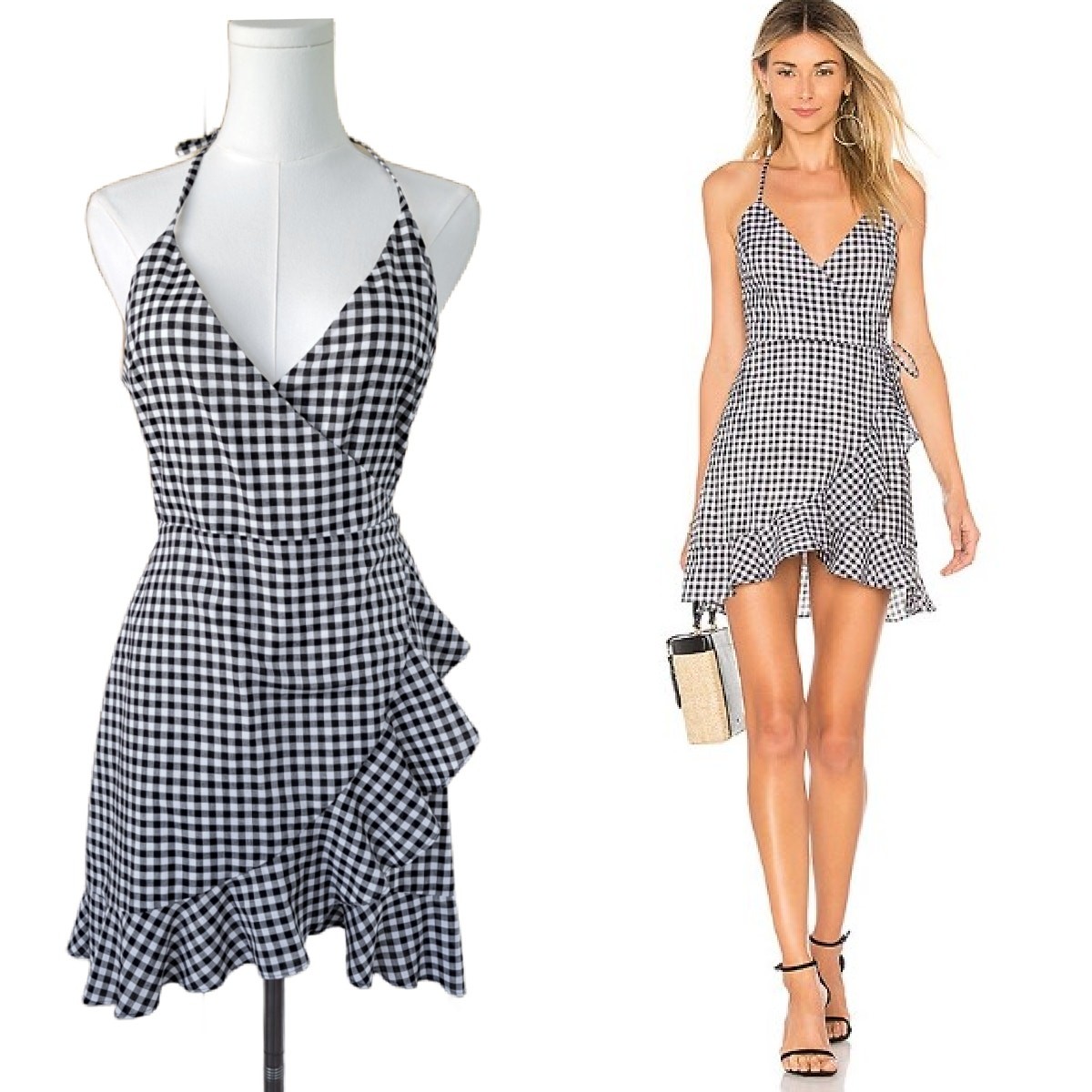 LOVERS + FRIENDS Black Gingham Gigi Wrap Mini Dress Small 2-4 Sundress Ruffle