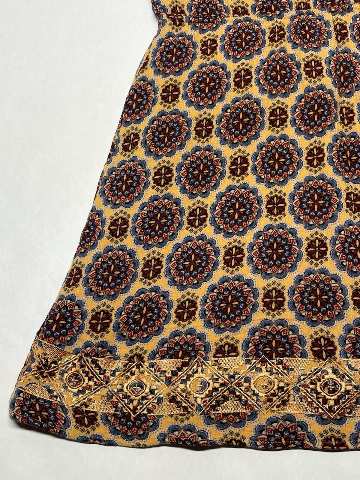 Golden Yellow Metallic Embroidered Mandala Dress Sz S Boho Funky Artsy Festival