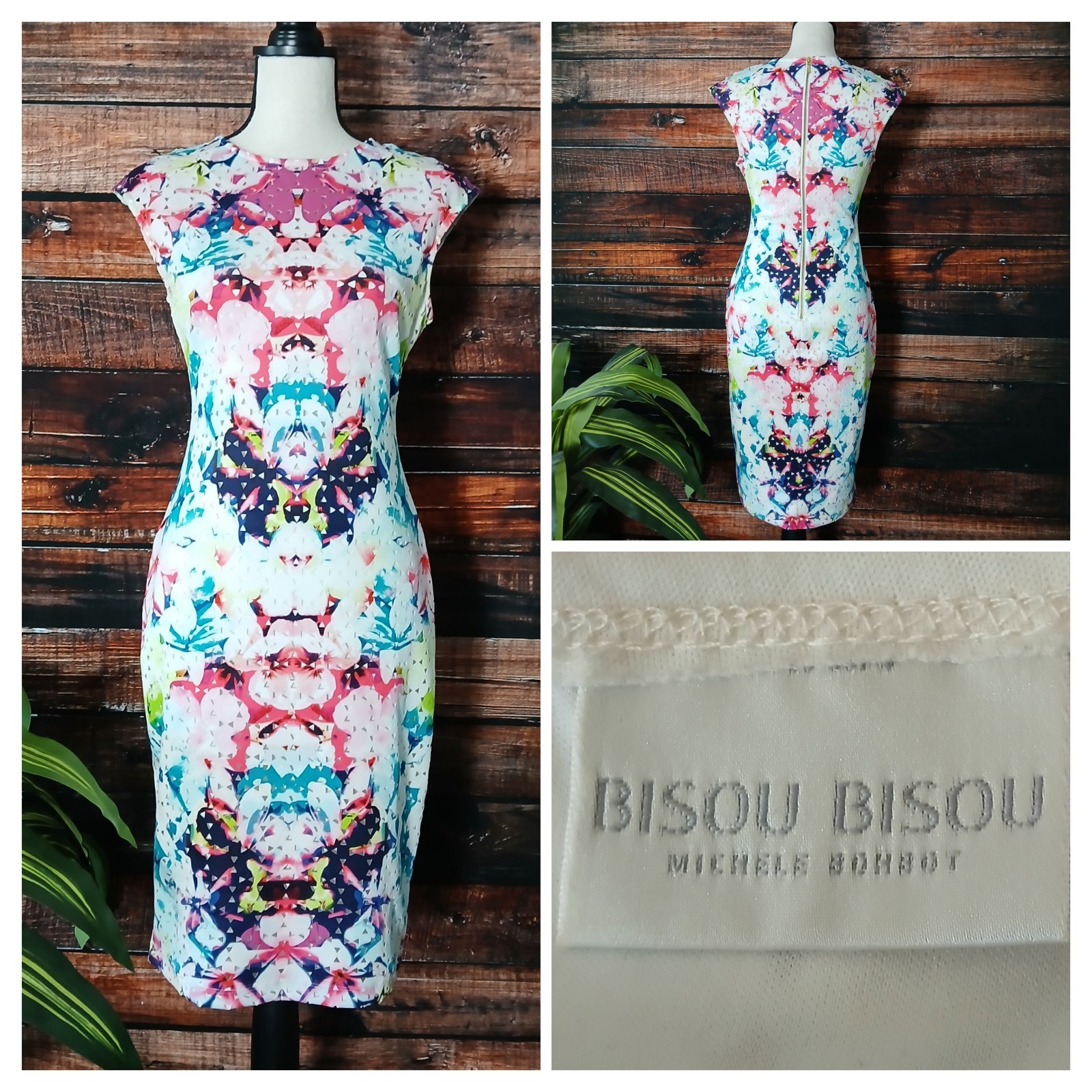 Bisou Bisou Dress Size 6 Boho Sheath Multicolor Cutout Lined Zip Back Stretch