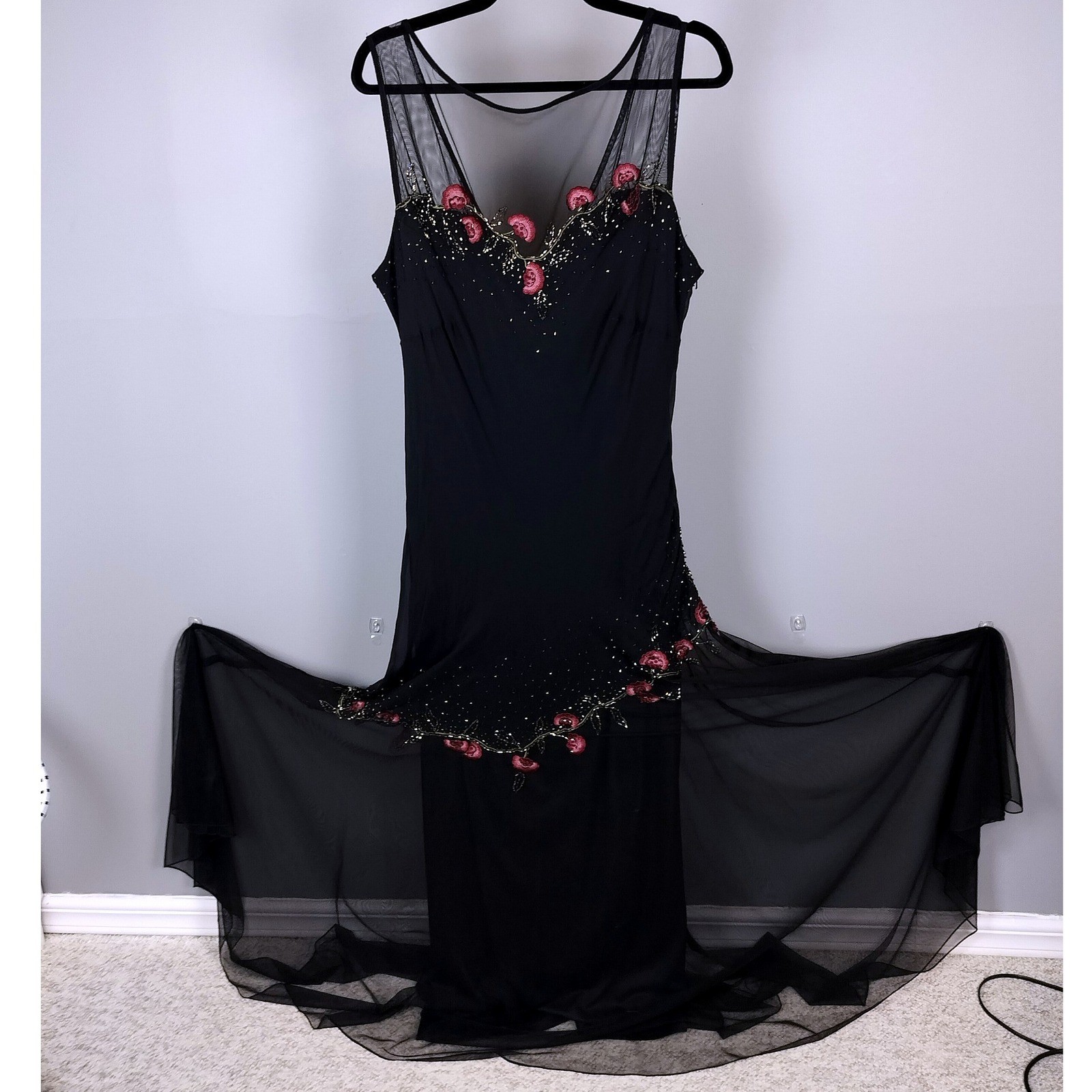 Xscape Silk Beaded Floral Mesh Gown Black Asymmetrical Tiered Formal Dress