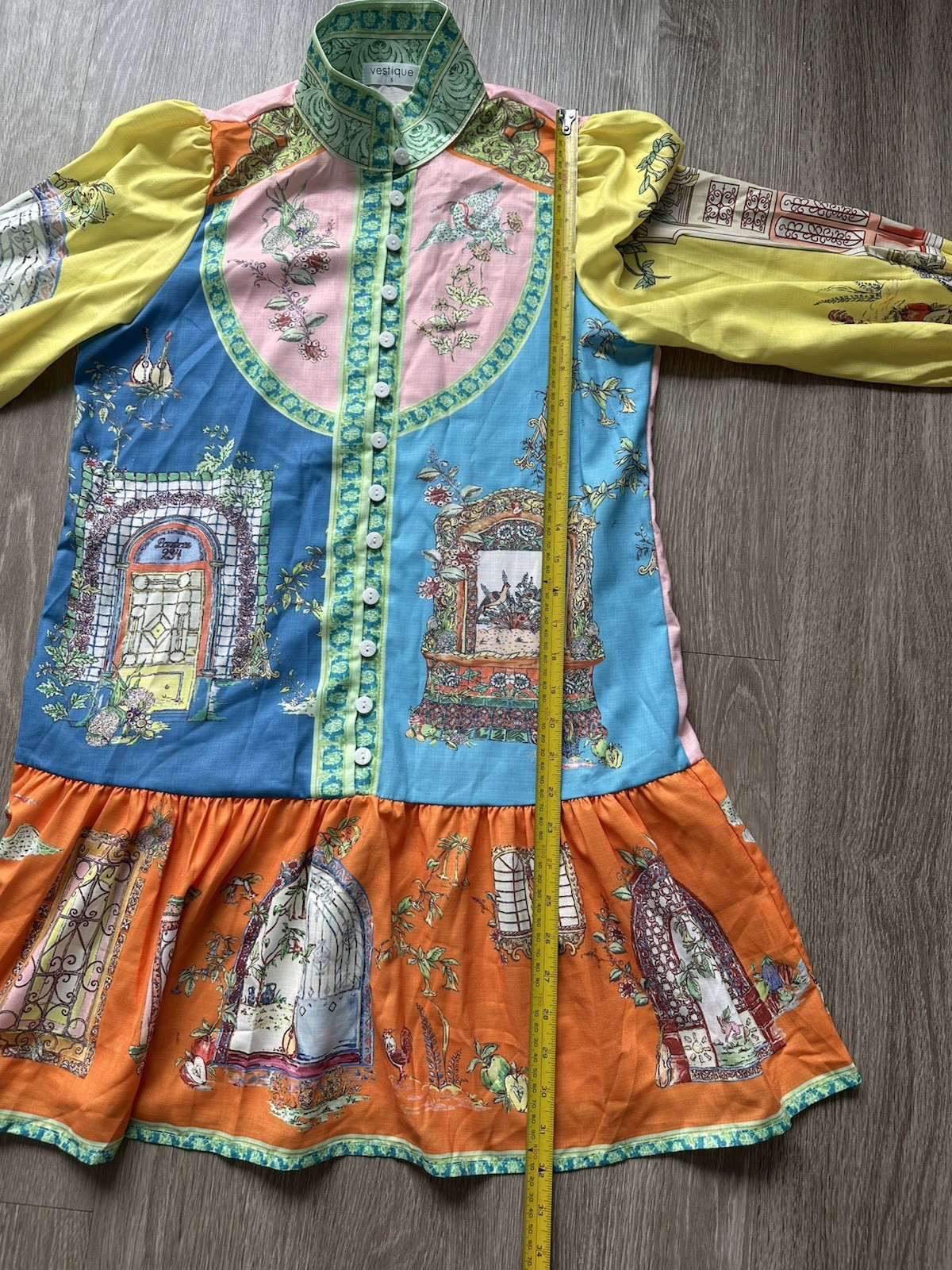 Eclectic Whimsical Botanical and Architectural Motifs Mini Dress Linen Blend NWT