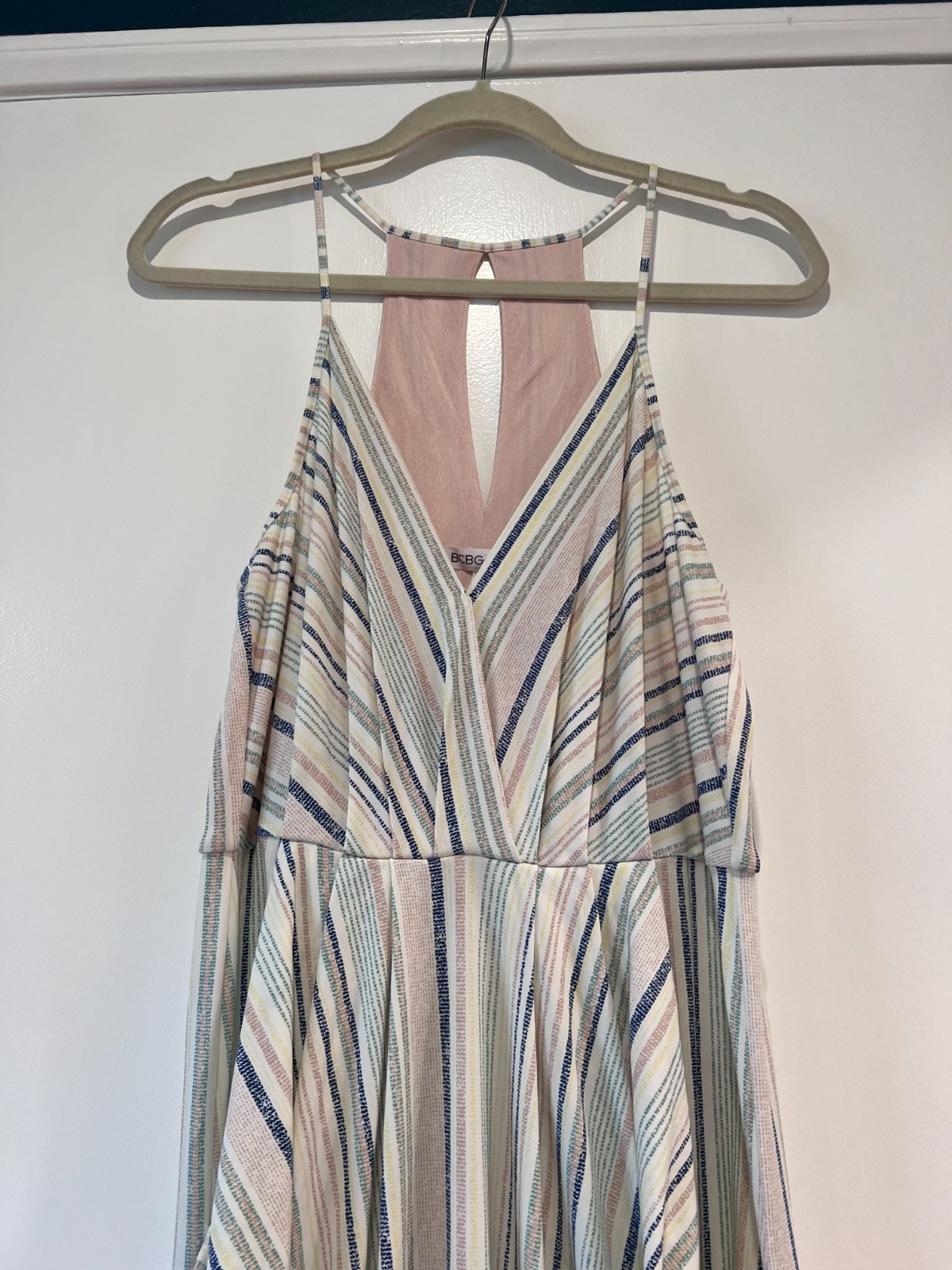 BCBGeneration Blue White Striped Draped Mini Dress Faux Wrap Bodycon Medium Chic