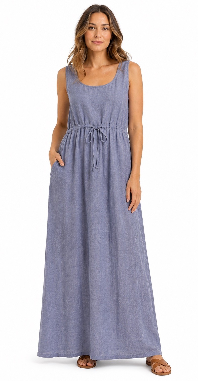 Vintage Marc Ware 100% Linen Maxi Dress Blue Sleeveless Tie Waist USA L