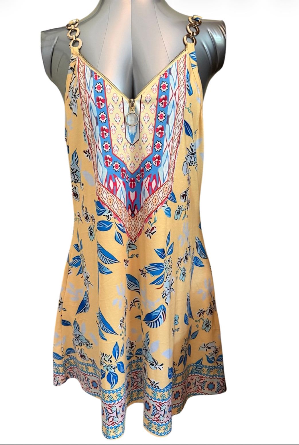 ETCYY Women’s XL Yellow Floral Tunic Dress Pockets Ring Zip Boho Beach Resort