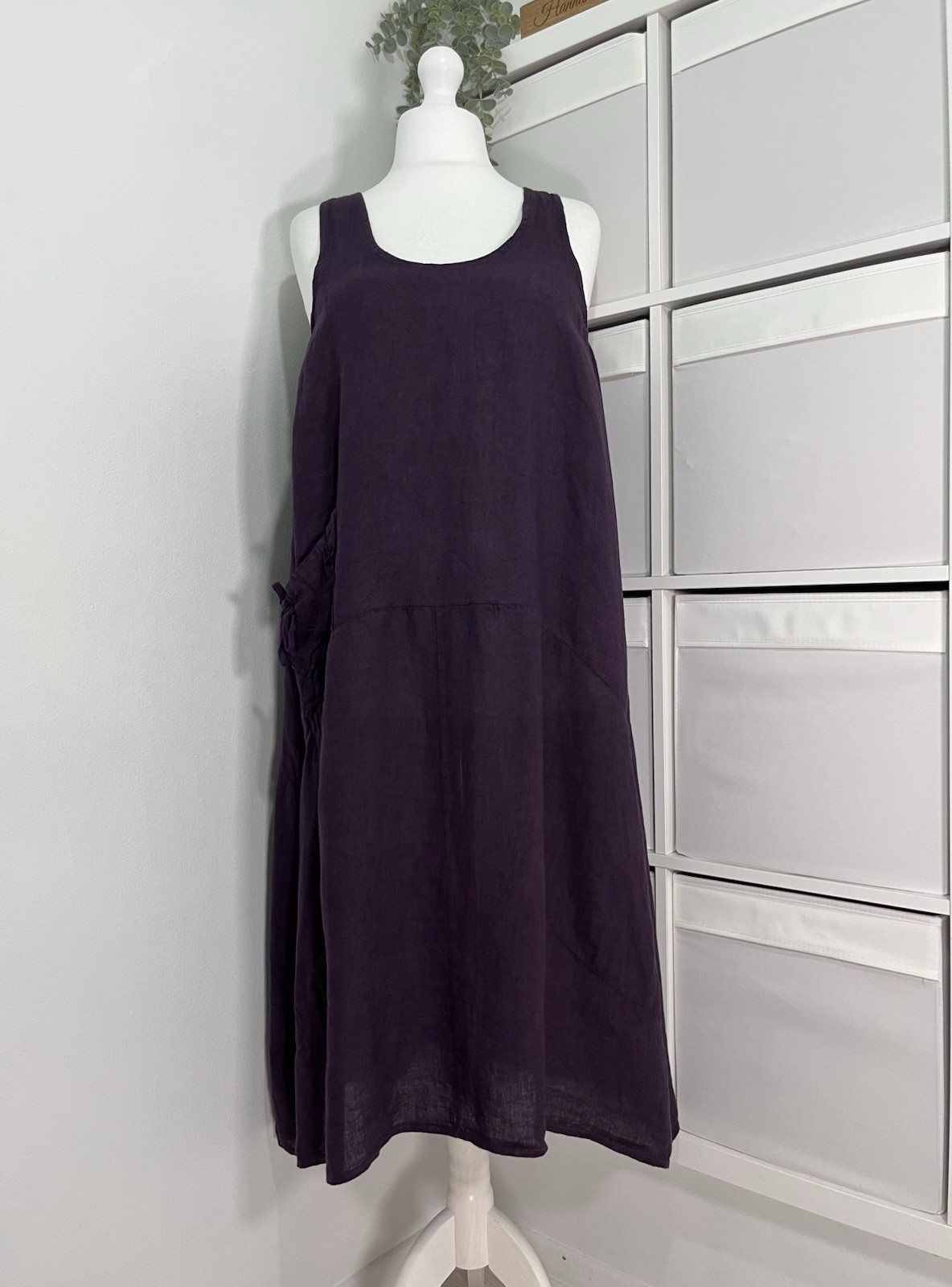 Diverse 100% Linen Italy Long Balloon Dress Fits 16 18 20 Pocket Relaxed Arty