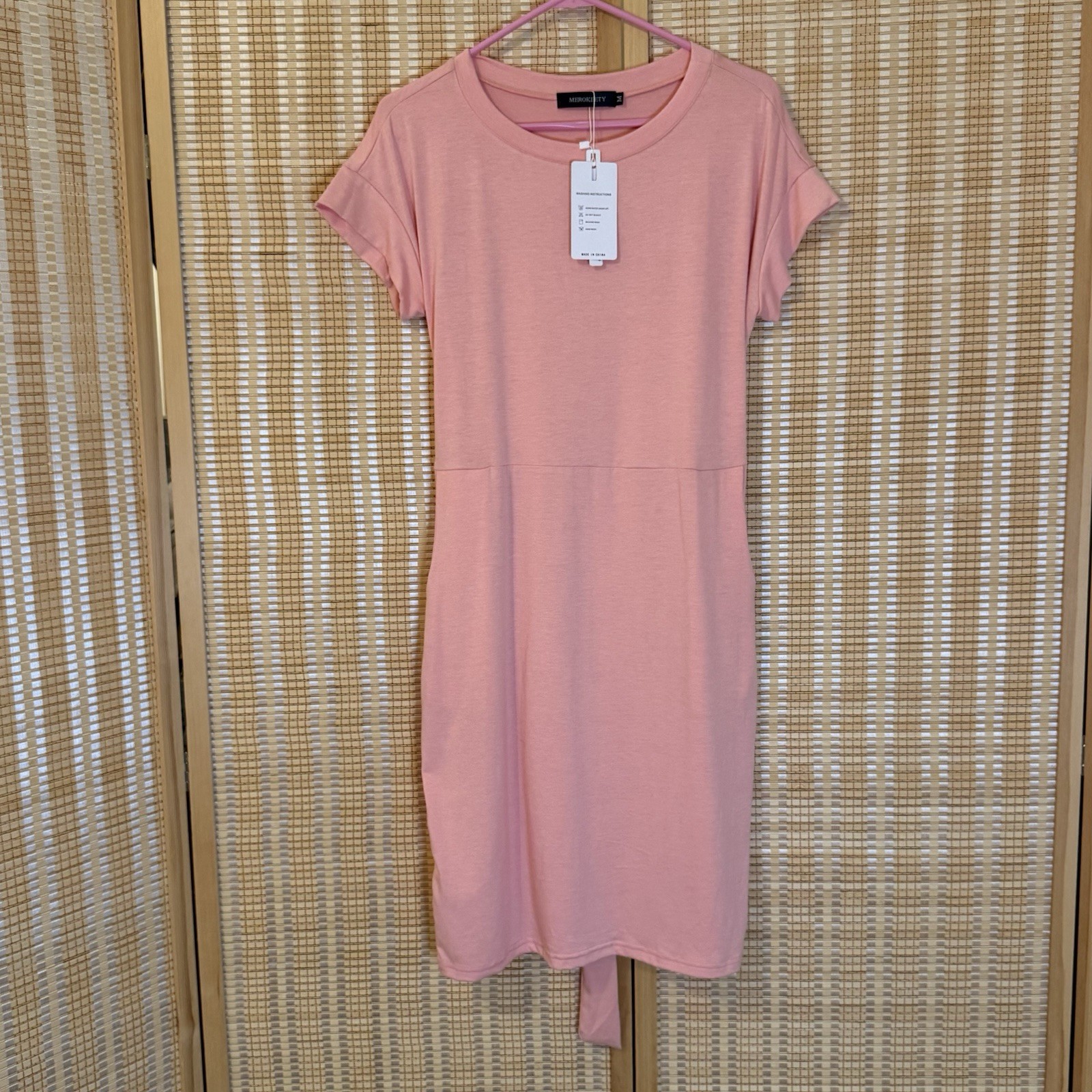 Merokeety Womens M Dress Shift Knee Short Sleeve Pockets Pink Party Career