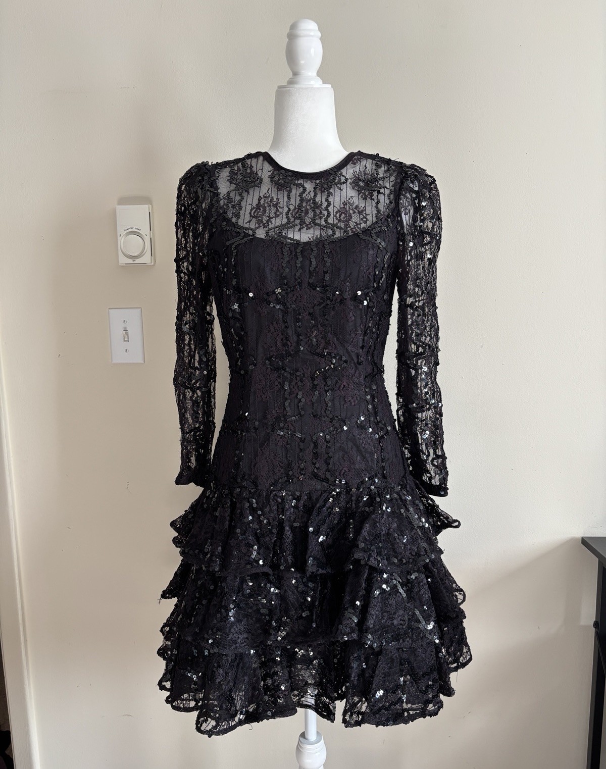 Vintage 80s Julie Duroche After Five Black Dress Sequin Lace Dramatic Goth