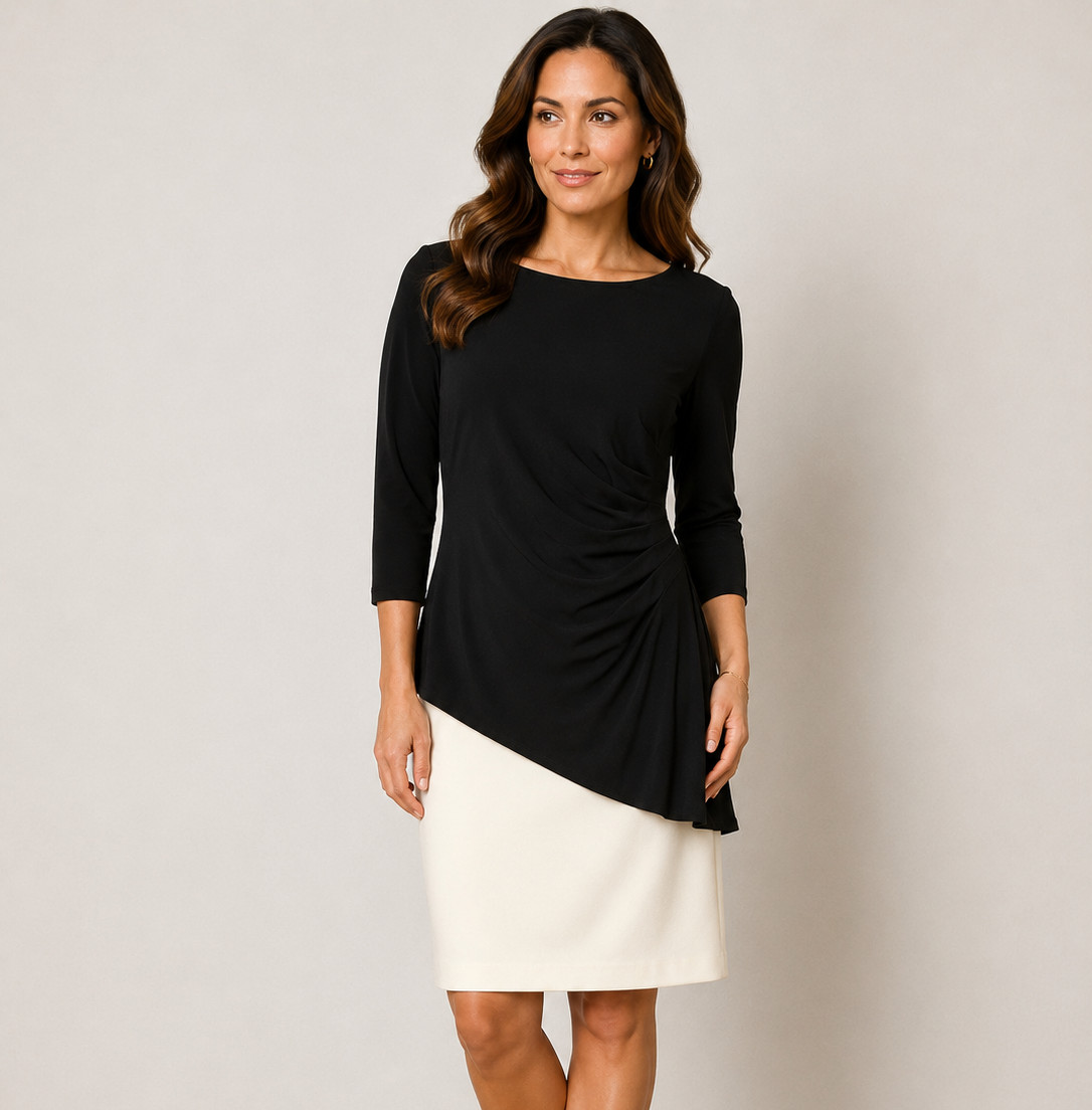 Lauren Ralph Lauren Black Ivory Peplum Dress Womens UK 14 Ruched Asymmetric