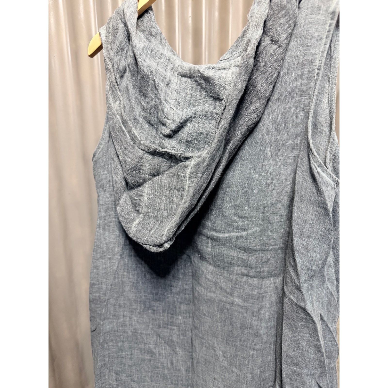 Inizio 100% Natural Linen Dress Medium M Blue Slate Hooded Button Front Maxi