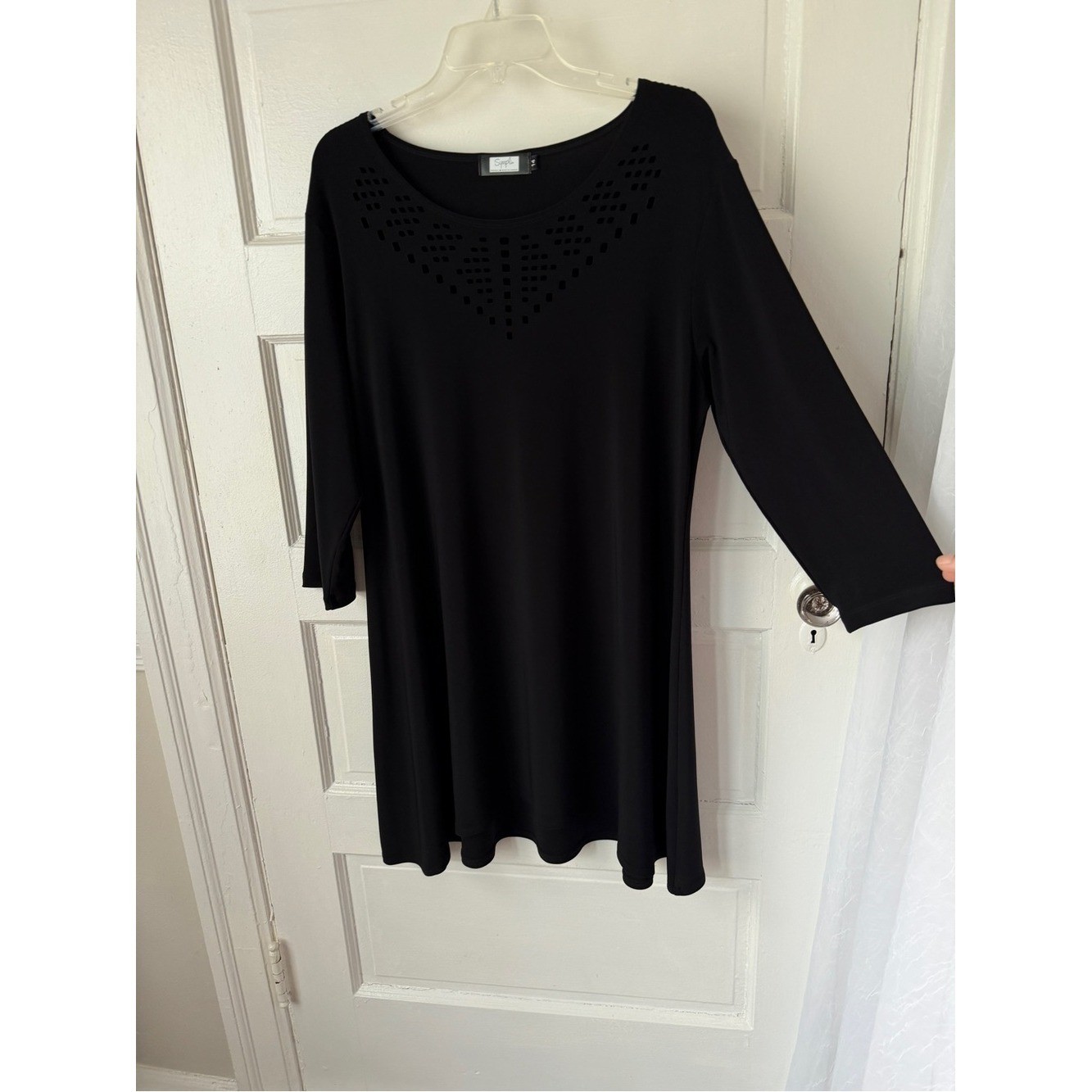 Sympli Black Swing Dress Laser Cut Neckline Classic Minimalist Lagenlook 14