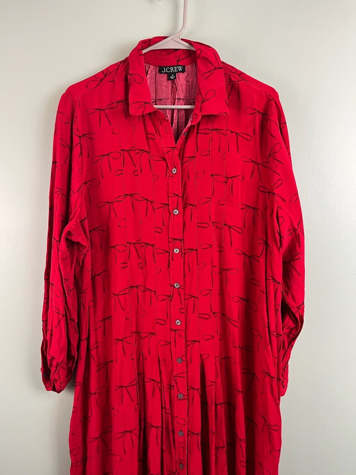 J.Crew Drapey Pleated Bow Print Red Shirtdress Womans Size 18 Cute Preppy