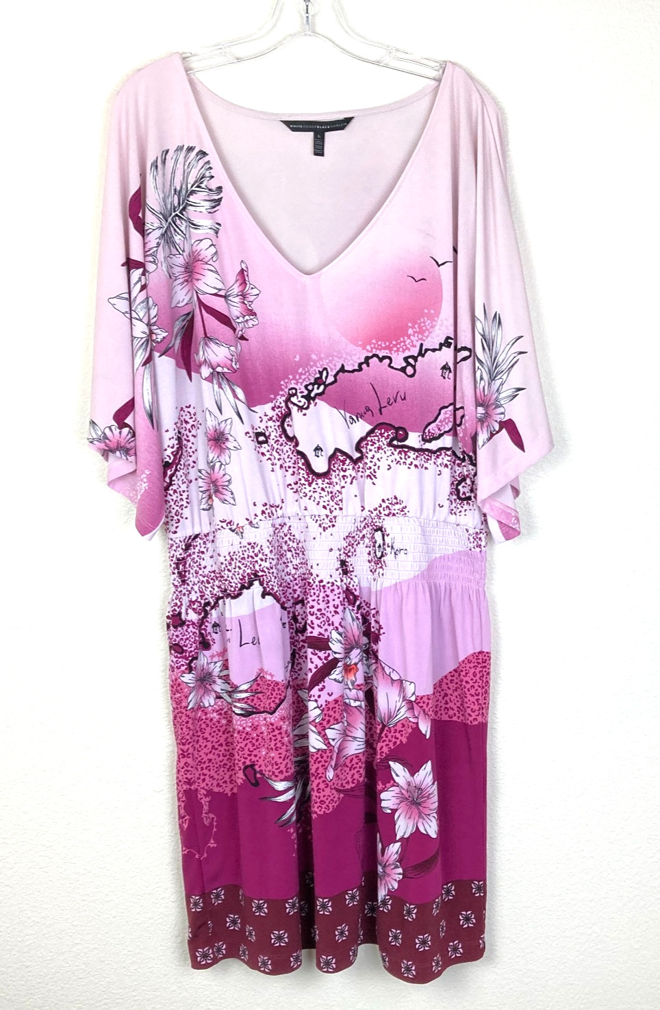 White House Black Market V-Neck Dress L Pink Fiji Islands Smocked Waist Tropical