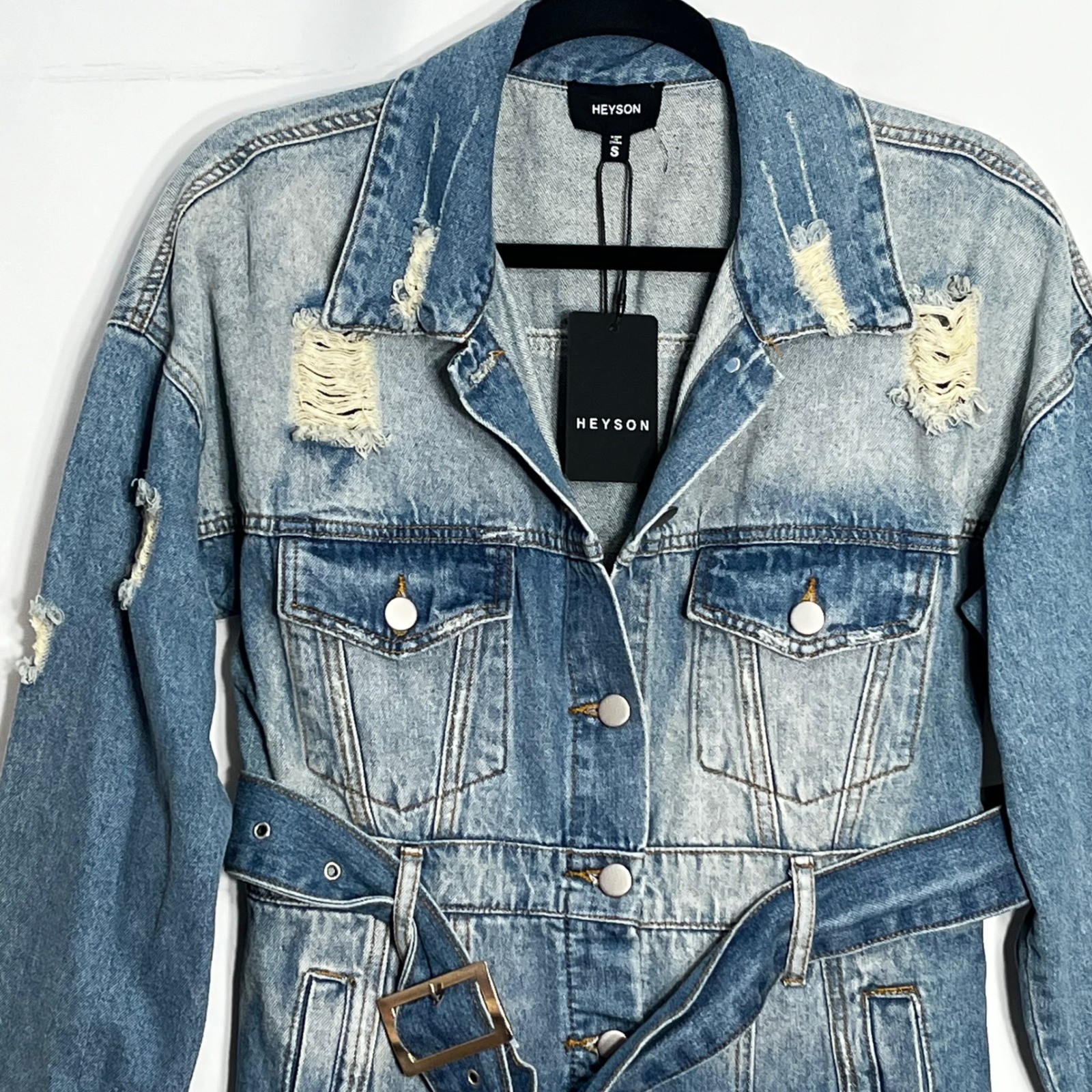 Heyson Womens Distressed Denim Jacket Dress Light Wash Belted DJ1008 Small New
