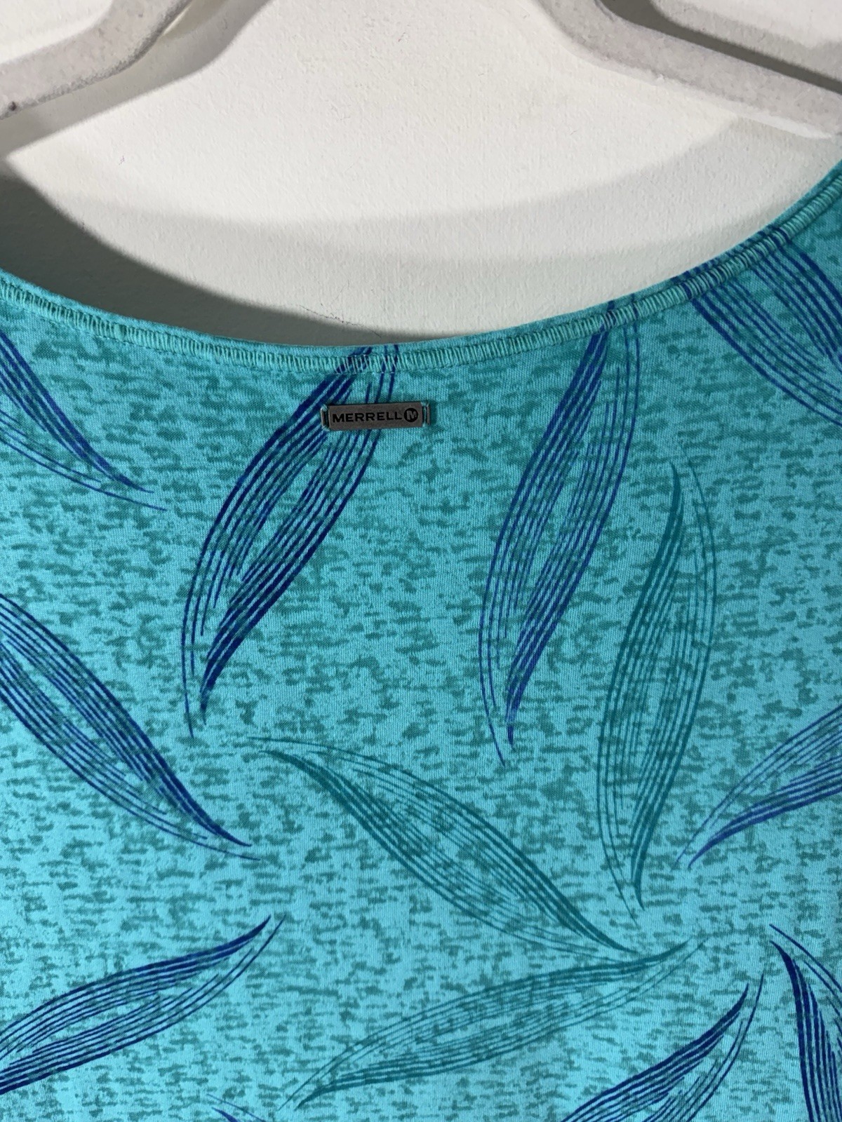 Merrell Teal Blue Leaf Print Opti-Wick Cap Sleeve V-Neck Dress Sz Large Hiking
