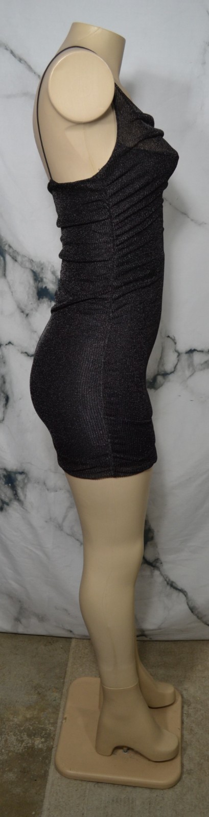 LUVALOT Shiny Black Mesh Spaghetti Strap Dress 4 Ruched Sides Draped Neckline