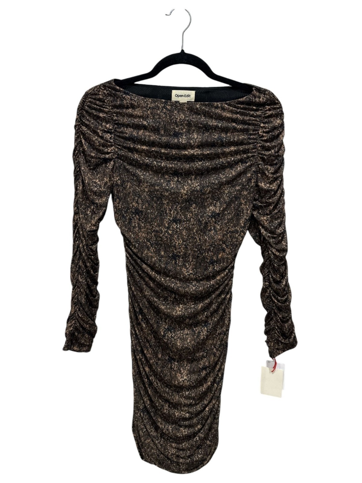 Open Edit Ruched Long-Sleeve Metallic Sheath Dress S Black/Bronze