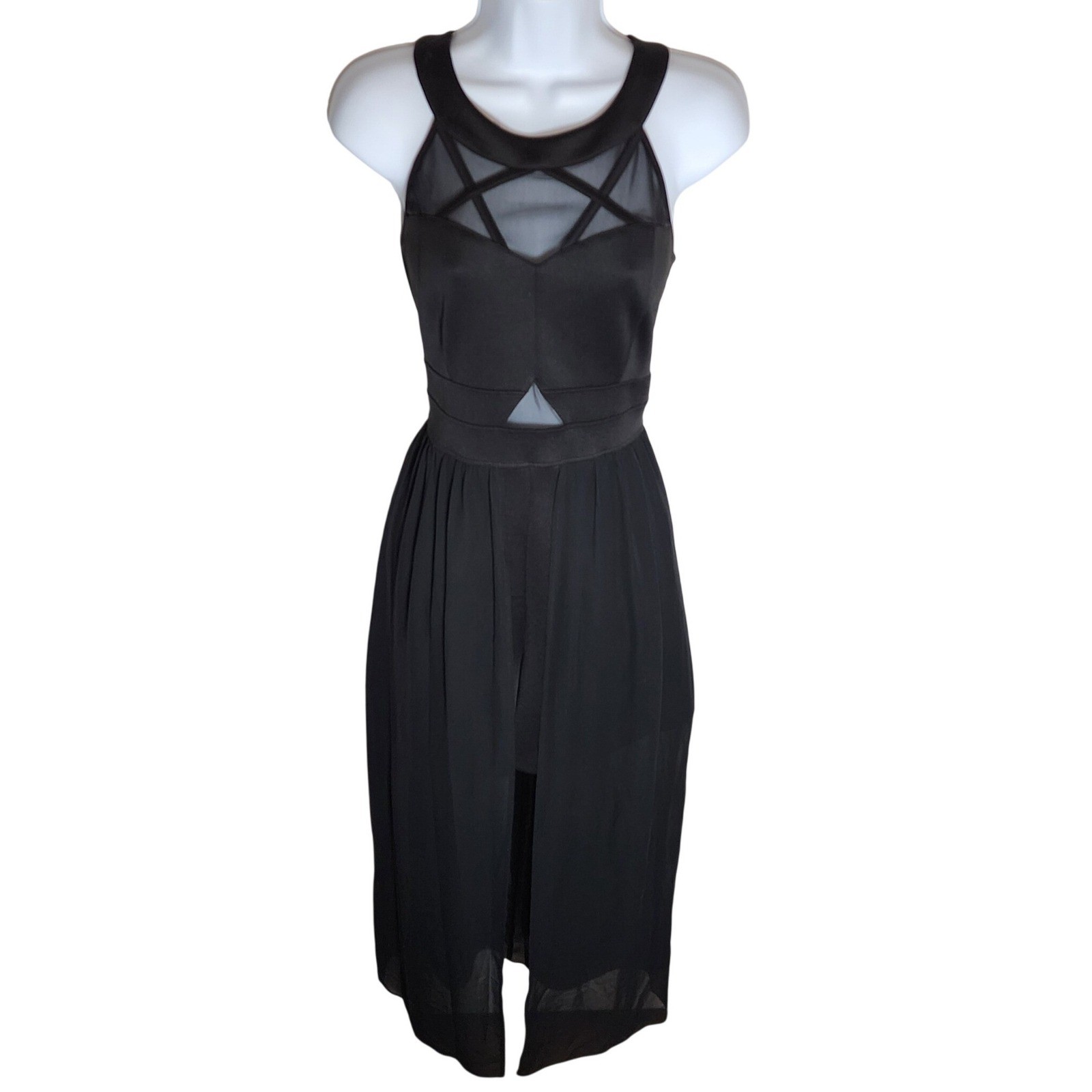 Sweet Storm Black Hi-Lo Pentagram Mesh Harness Cutout Dress Womens Size M
