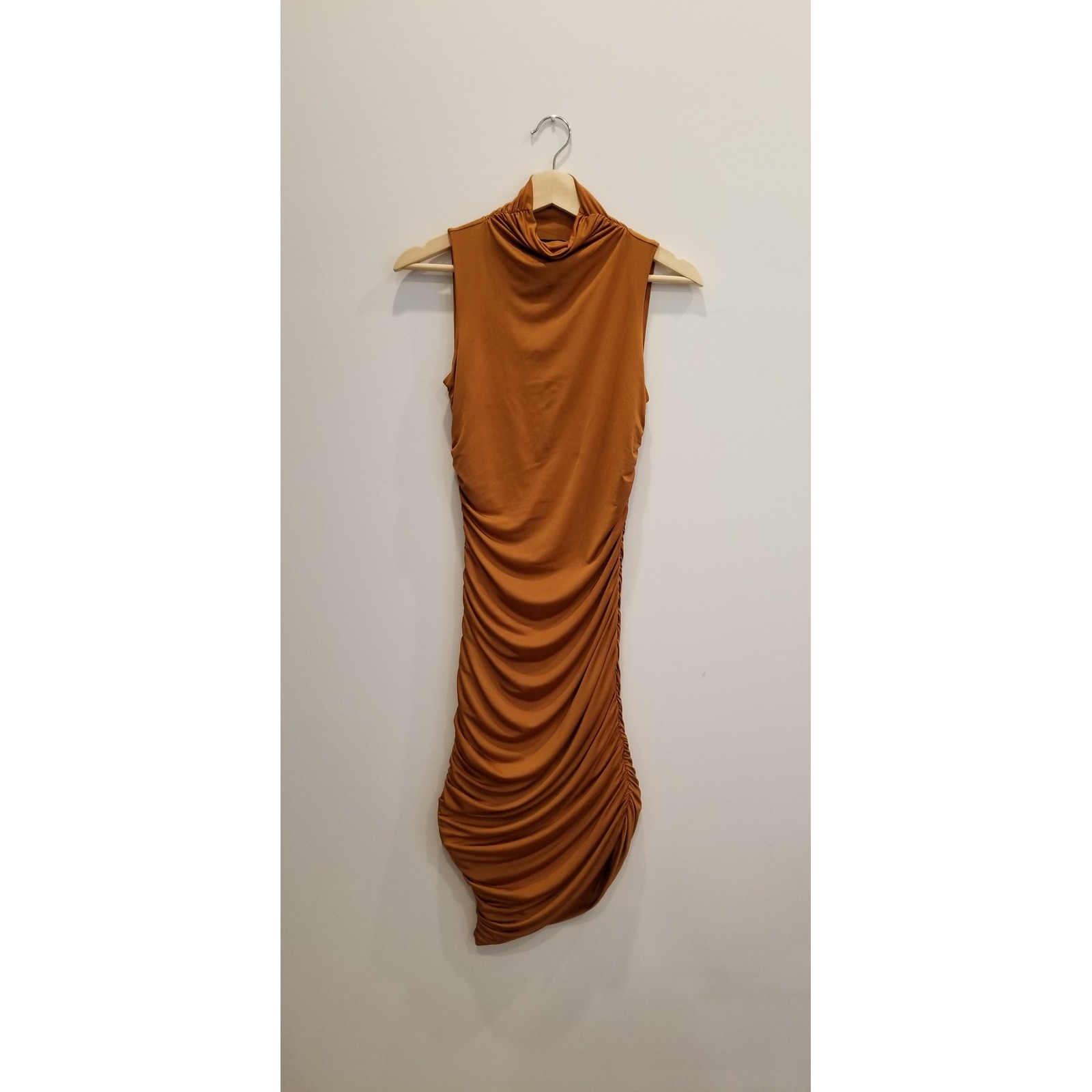 Express Rust Brown Mock Neck Ruched Bodycon Sleeveless Asymmetrical Dress XXS