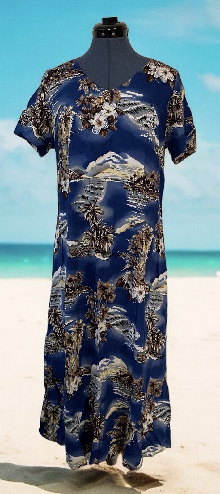 VTG Hilo Hattie Womens Blue Brown Palms Hawaiian Short Sleeve Maxi Dress Beach M