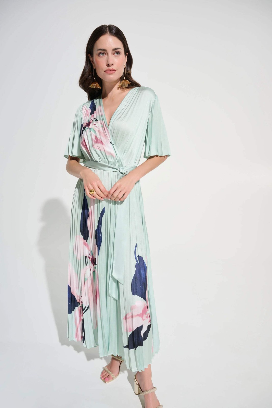 Joseph Ribkoff Green/Multi Floral Pleated Satin Maxi Dress 262712