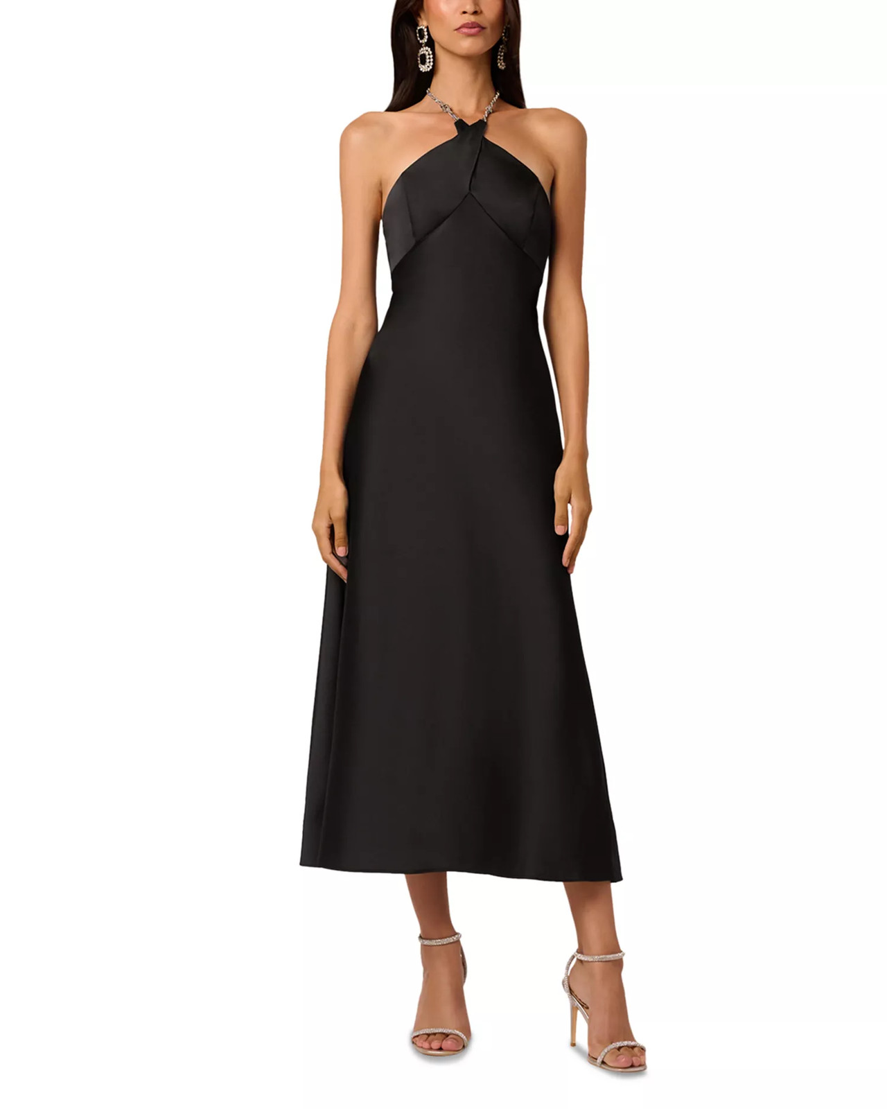 Liv Foster Quinn Satin Dress 00 Black Chain Halter A-Line Midi Formal NWOT