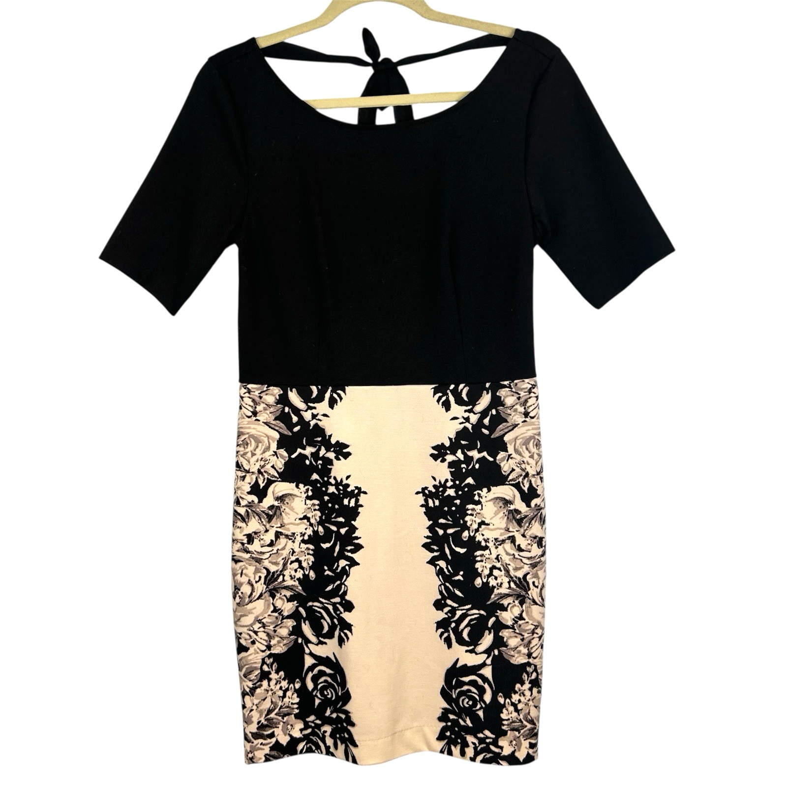 LC Lauren Conrad Black & Off-White Floral Dress Sz 10 Half Sleeve Tie Back Bow