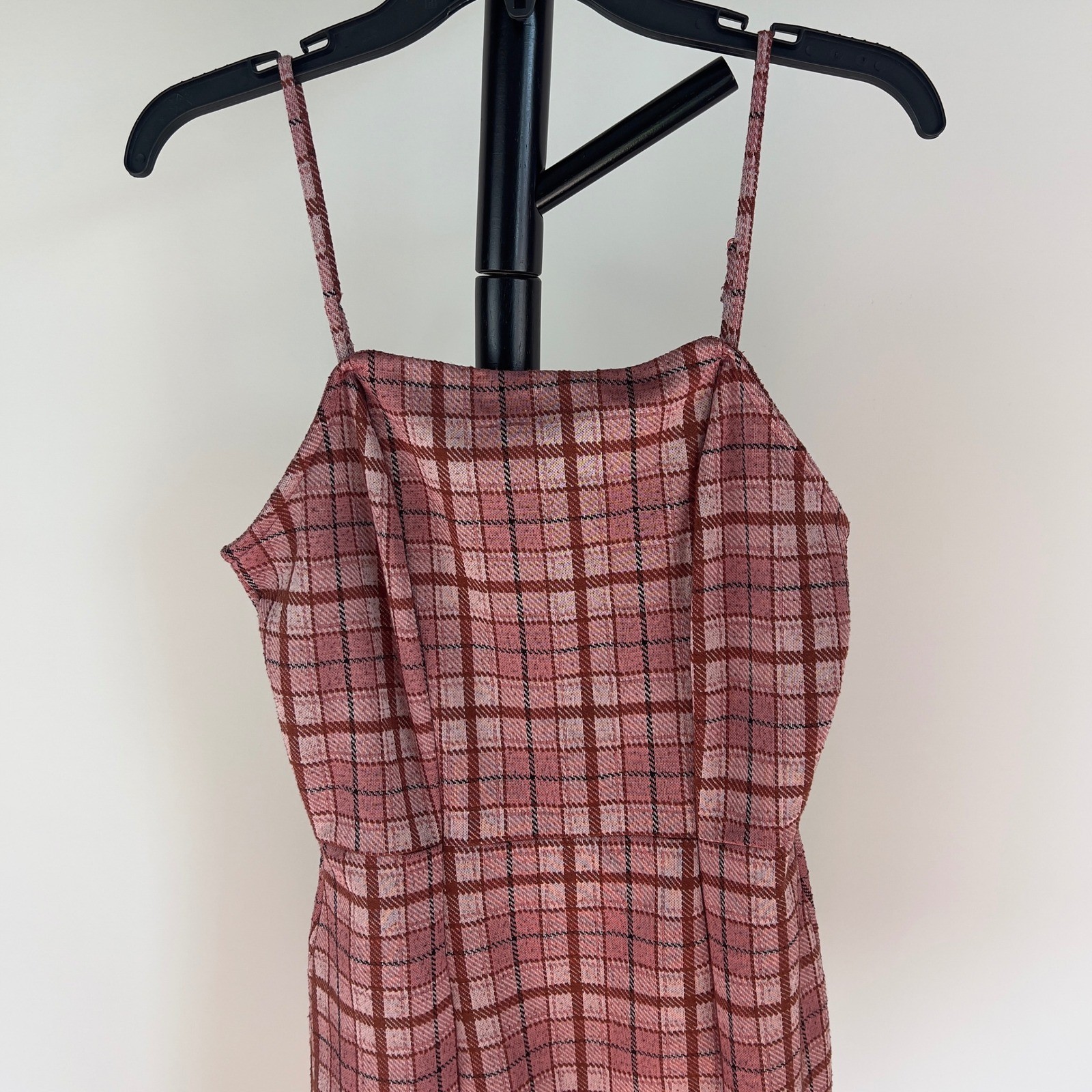 No Comment Pink Plaid Mini Dress Medium NY-LA Adjustable Straps Square Neck Slim
