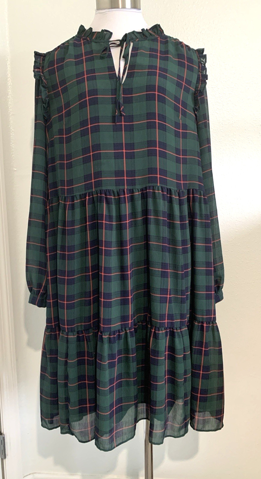 J Crew Dress Womens XLT Blue Green Tartan Plaid Tiered Ruffle Long Sleeve Preppy