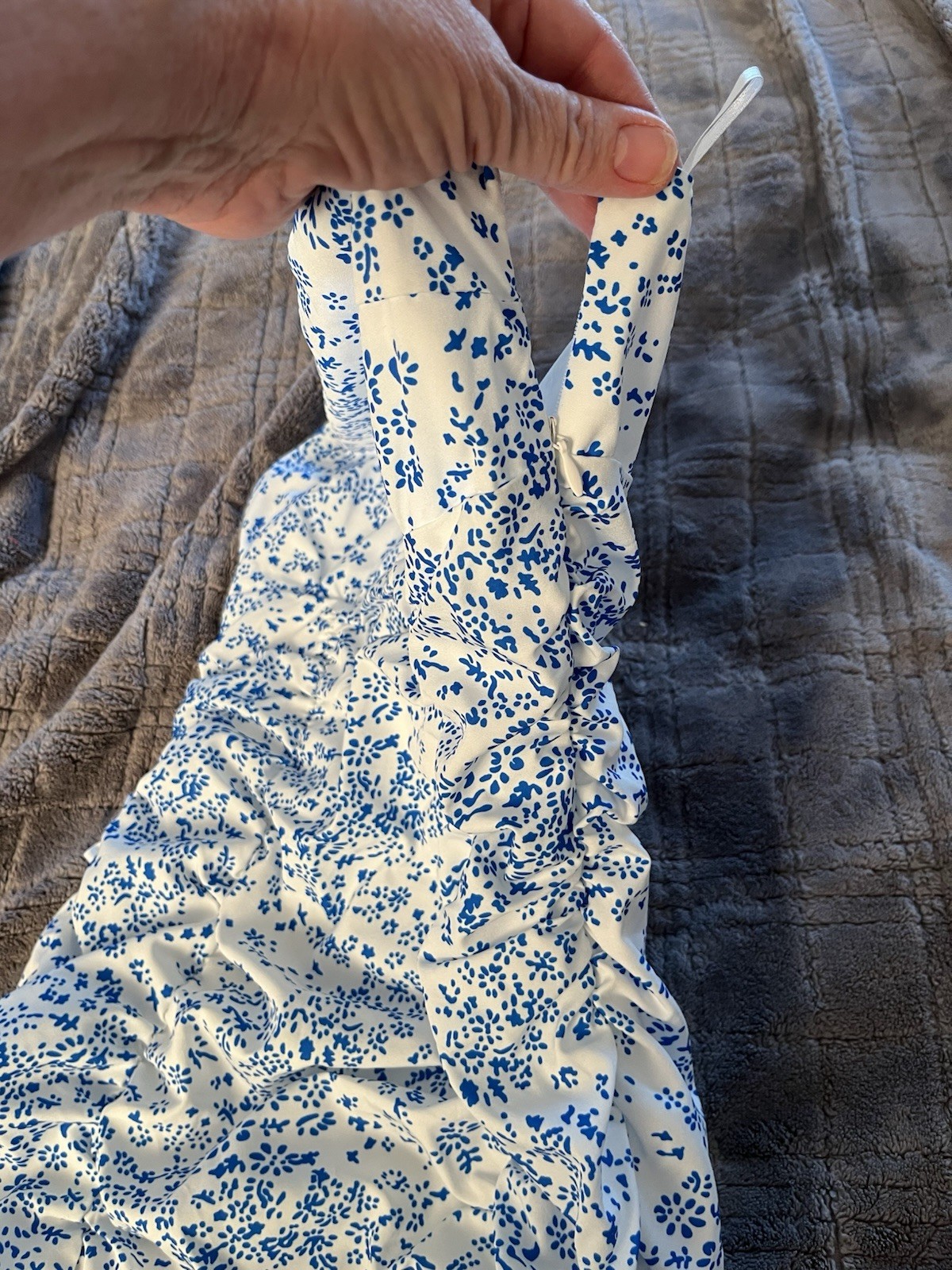 Blue & White One Shoulder Ruched Bodycon Mini Dress – Floral Print (M)
