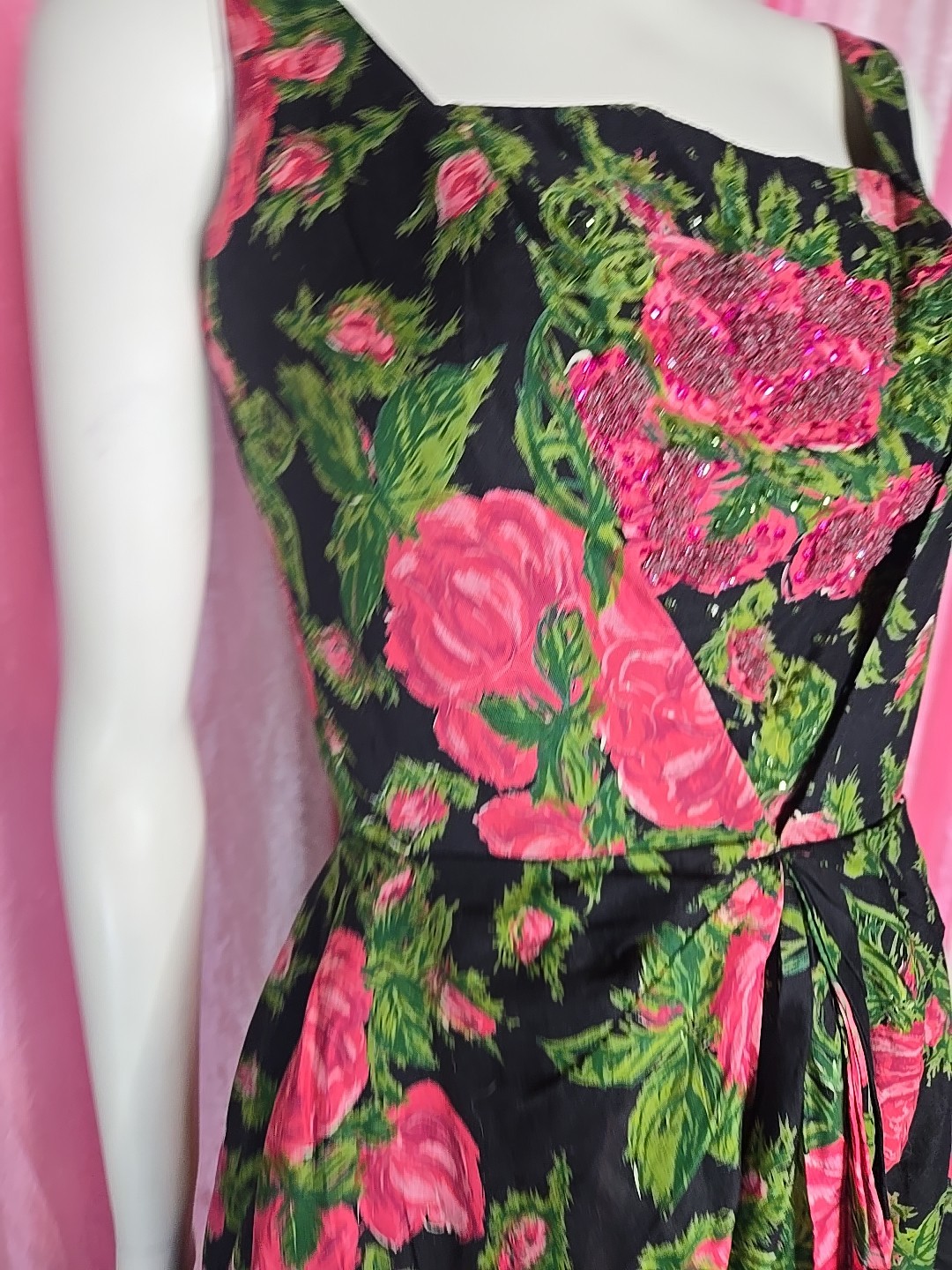 Lee Claire Vintage Green Pink Exquisite 60’s Beaded Floral Dress Size Small